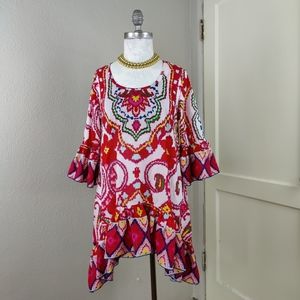 Naudic Hacienda Dress Tunic Top All Cotton Ruffle Sleeves Hem Bright Pattern!